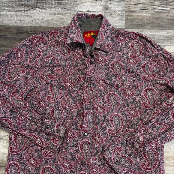 Rodeo Burgundy Red Mens M Paisley Pearl Snap Button Up Shirt Long Sleeve Disco - Picture 3 of 8